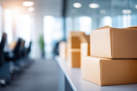 Empty office being cleared with boxes and furniture defocused, faceless bankruptcy evacuation, business closure visualization, blurred corporate space, company liquidation detail,