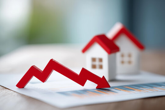 Declining property value graph with red downward trend arrows, faceless real estate crisis, market downturn visualization, defocused chart background, investment risk detail, econo - Powered by Adobe