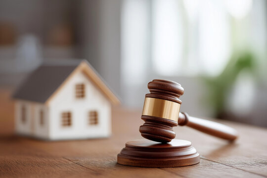 House model next to wooden gavel on desk surface, faceless property law, real estate dispute visualization, defocused legal background, housing litigation detail, foreclosure conce