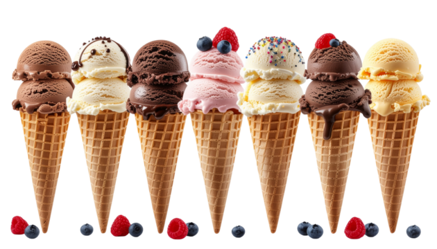 Delicious ice cream cones variety sweet treats summer dessert food cold on transparent background - Powered by Adobe