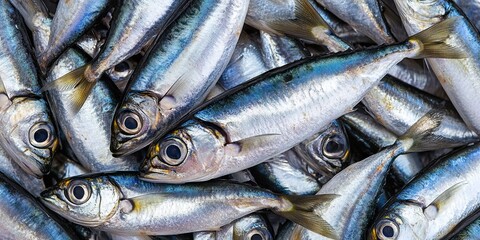Obraz premium A close-up of numerous small silver anchovy fish piled densely together