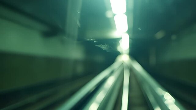 Fast train moving through tunnel captured with motion blur, creating dynamic abstract image of speed. Blurred tunnel lines representing high-speed metro train movement. urban transport, technology.