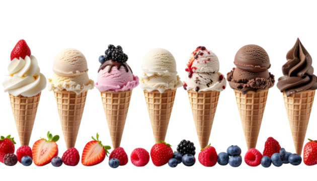 Delicious ice cream cones variety sweet treats summer dessert food cold on transparent background
