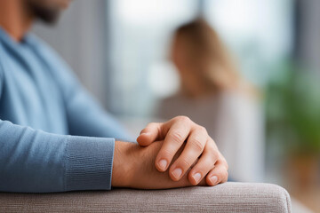 Obraz premium Hands on couch armrest with defocused domestic conflict scene, faceless marital crisis, relationship breakdown visualization, blurred living room, divorce stress detail, couple arg