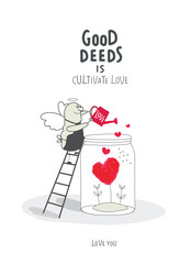 Vector cartoon sketch of Angel who cultivate love. Self-Love, Mental Health, and positive Psychotherapy. Concept of assistance, care, philanthropy and support. Giving and sharing love, donating.