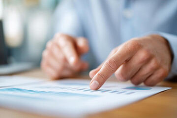 Hands pointing at financial documents during consultation defocused, faceless advisory session, strategic planning visualization, blurred office background, decision-making detail,