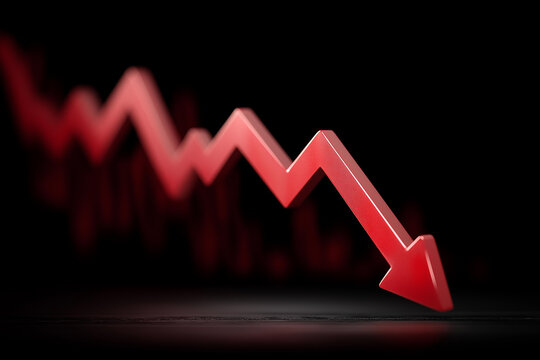 Red stock chart with sharp downward arrow on dark background, faceless market crash, financial decline visualization, defocused graph background, recession indicator detail, invest