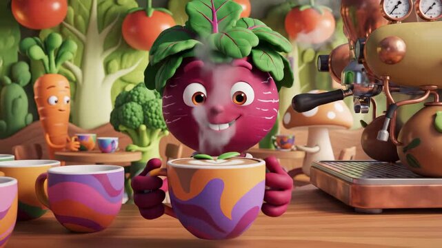 Animated beet character pouring beverage into cup cartoon style