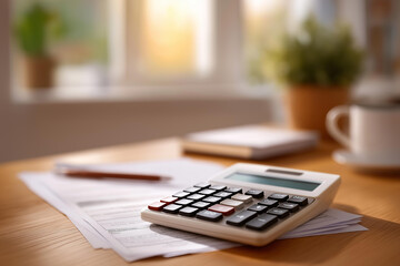 Calculator and tax documents on desk with financial paperwork, faceless tax planning, deduction analysis visualization, defocused home office, financial document detail, individual