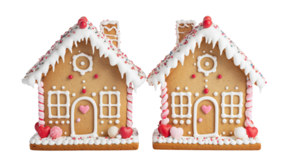 Two pink and white gingerbread houses with candy decorations isolated on transparent background