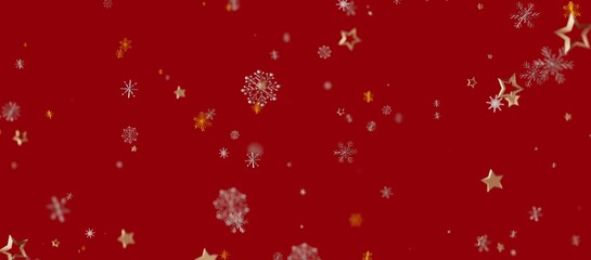 Christmas or New Year holiday background with snowflakes and stars on a red backdrop. Suitable for festive designs, greetings, and se