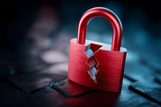 Red broken padlock symbol with security breach warning icons, faceless hacker attack, cybersecurity visualization detail, defocused digital background, system compromised concept, - Powered by Adobe