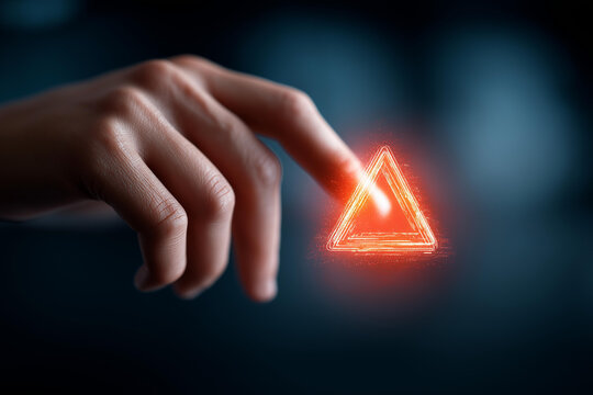 Hand touching virtual warning alert on digital interface glowing, faceless system error, cybersecurity visualization detail, defocused technology background, data breach concept, m