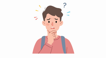 Young man with a backpack looking confused and worried, scratching his chin while thinking with a question mark floating above his head.