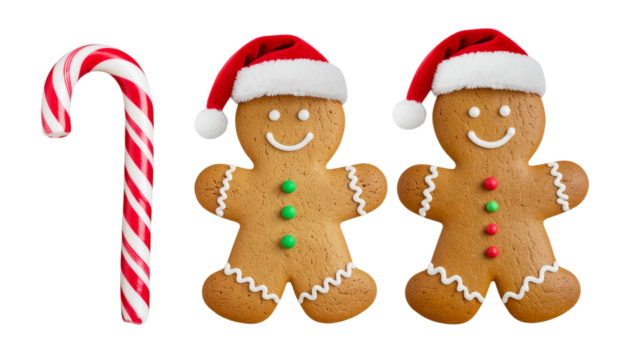 A festive christmas collage featuring gingerbread man, santa hat, candy cane, and more isolated on transparent background