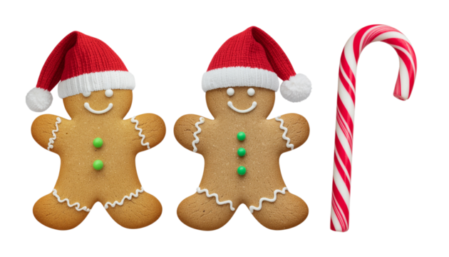 A festive christmas collage featuring gingerbread man, santa hat, candy cane, and more isolated on transparent background