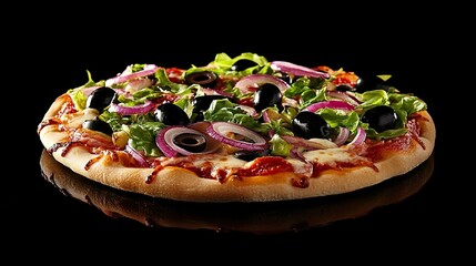 A thin-crust pizza topped with black olives, red onions, mozzarella, lettuce, and bits of ham or bacon sits against a black background
