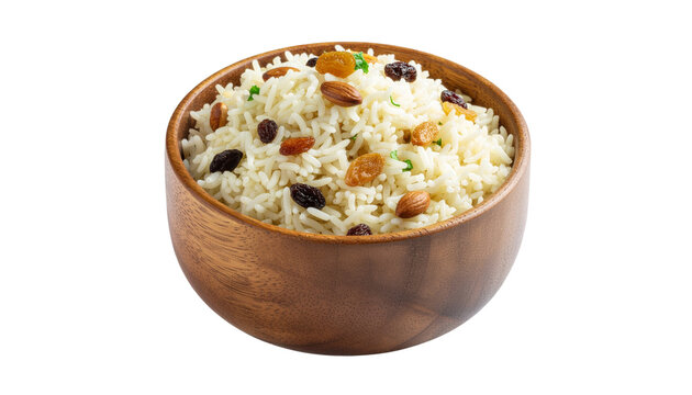 Delicious indian pulao rice with nuts and raisins served in a rustic wooden bowl against a black background