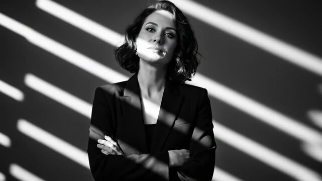 48 year old woman - A confident woman in a business suit stands under dramatic lighting, casting bold shadows across her face, conveying strength and determination in a monochromatic setting