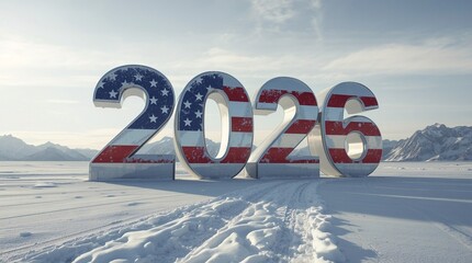 Snowy 2026 numbers with American flag design in mountain landscape, symbolizing USA spirit, New Year celebration, winter wallpaper, freedom and holiday greeting card concept