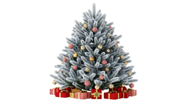 Snowy christmas tree with gifts isolated on transparent background