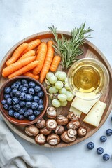 A beautifully arranged flat lay of a charcuterie board with baby carrots, blueberries, mushrooms, green grapes, cheese slices, and a small bowl of olive oil
