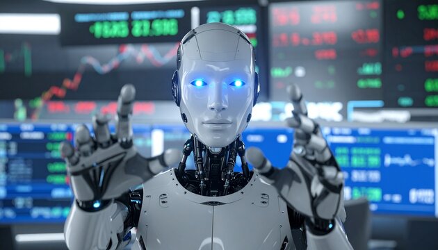 An intelligent robot in front of a series of financial indicators displays in background. The robot exhibits a futuristic design, with glowing blue eyes, suggesting a digital consciousness. 