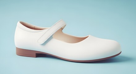 Classic White Mary Jane Shoe, Isolated on Light Blue Background