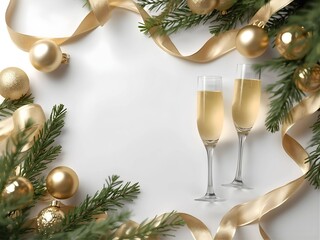 Image of a minimal festive flat lay composition: glistening golden ribbons and fresh green pine branches. Two elegant champagne flutes are placed artfully on a pristine white background