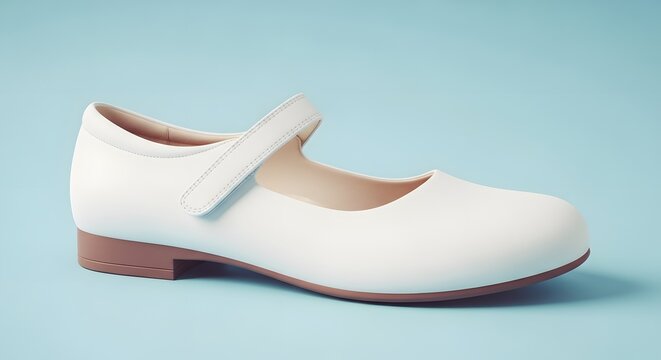 Classic White Mary Jane Shoe, Isolated on Light Blue Background