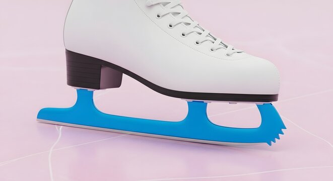 Close-up of a White Figure Ice Skate with a Bright Blue Blade on a Pink Background