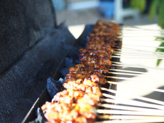 Indonesian satay skewers grilling over hot charcoal, with smoke rising. A classic Southeast Asian street food of seasoned, skewered meat being cooked to perfection.
