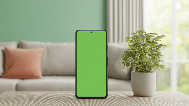 Minimal Home Decor Smartphone Mockup with Green Screen and Indoor Plants
