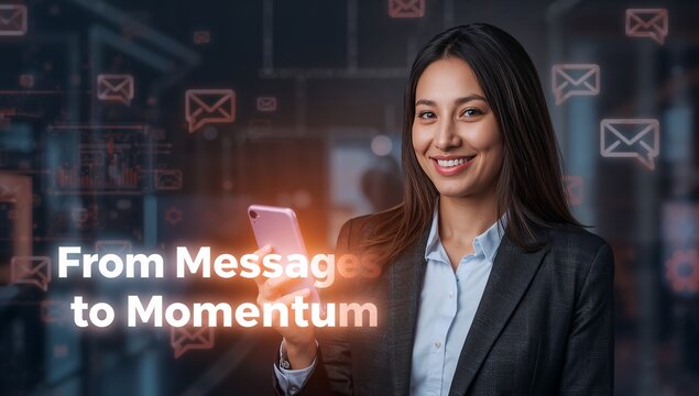 Confident businesswoman using mobile messaging for marketing success in modern office, connecting with customers to drive business momentum and growth