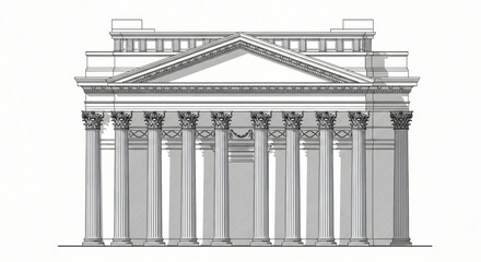Symmetrical neoclassical facade drawing, fine ink lines on white