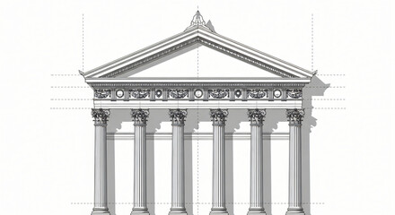 Symmetrical neoclassical facade drawing, fine ink lines on white