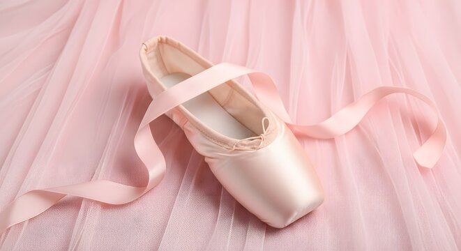 Elegant Pink Ballet Pointe Shoe Resting on Delicate Tulle Fabric