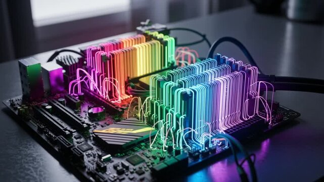 Colorful PC Components: Motherboard and RAM with Vibrant RGB Lighting Effects