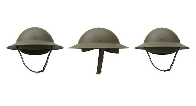 Vintage khaki military army helmet from world war one from three angles isolated on white