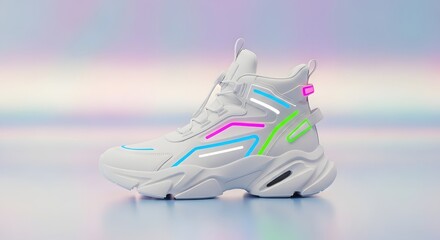 Futuristic White Sneaker with Neon Accents on Pastel Gradient Background