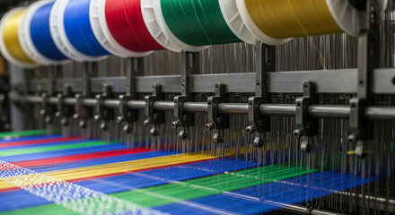 Fabric production: intricate loom weaving colored patterned textiles