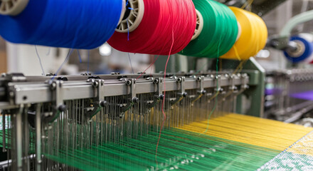 Fabric production: intricate loom weaving colored patterned textiles