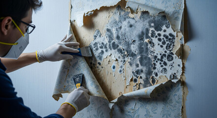 Remediation expert documenting severe black mold in a bedroom