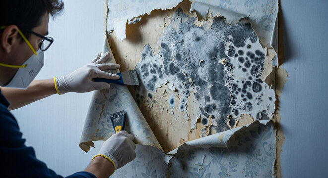 Remediation expert documenting severe black mold in a bedroom