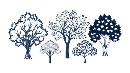 Obraz premium Ink Silhouettes of Woodland Trees: Elegant line art of diverse trees showcasing unique forms and textures. Perfect for projects seeking a touch of natural artistry.
