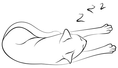 Cat sleeping with its front paws outstretched, viewed from above. Vector black line silhouette of the letter Z. Simple, cheerful pencil sketch. Isolated doodle drawing of sleepy pet.