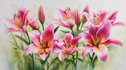 Fototapeta premium watercolor botanical Lilly flowers texture template background.Elegant wedding invitation card background . Minimal hand painted Design for wedding or Valentine's Day