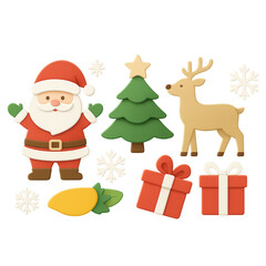 A charming set of 3D Christmas holiday elements featuring Santa Claus, a reindeer, gift boxes, and a festive pine tree, isolated for seasonal design