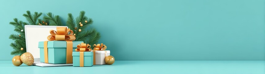 Festive christmas sale online banner with gift boxes for holiday shopping e-commerce promotion winter holiday background