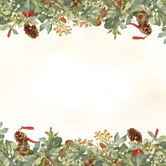 Watercolor Christmas garland border featuring an arrangement of pine branches.